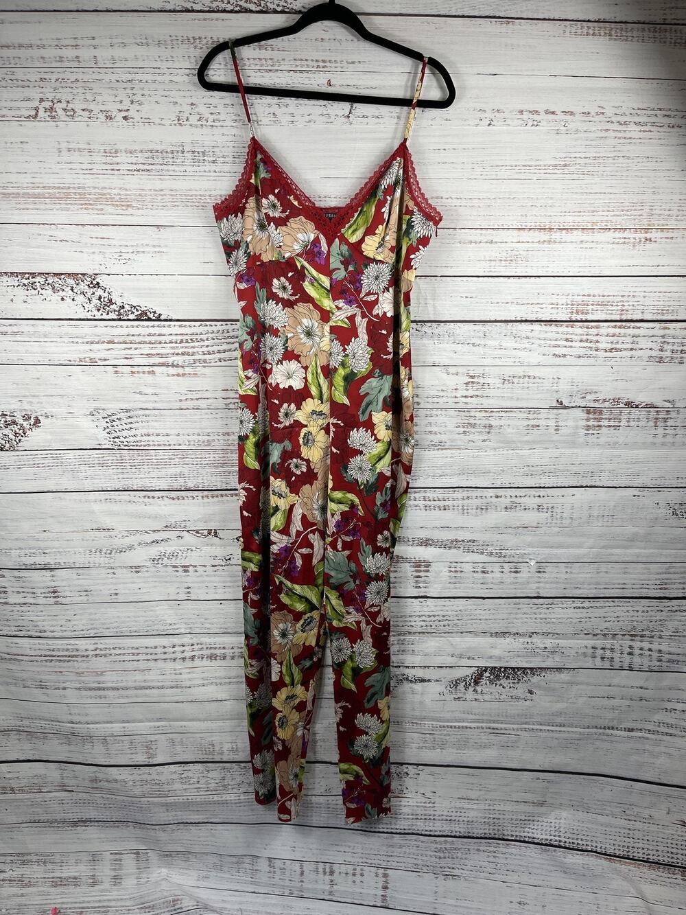 Guess Jumpsuit Women's 10 Red Floral Print Sleeveless V Neck Wide Leg Lace Trim